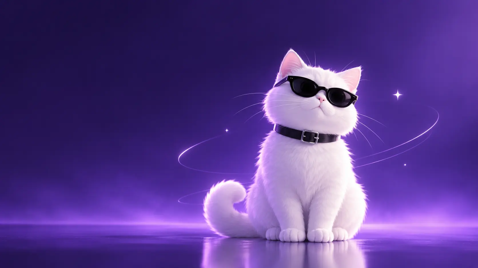 Traven Luc cover art: a white cat in dark sunglasses against a purple glow